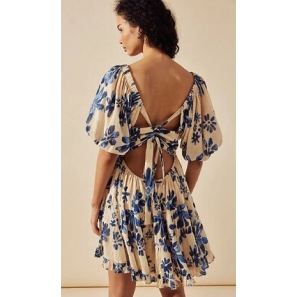 Free People Perfect Day Mini Dress Blue Floral Smocked Puff Sleeve Small
